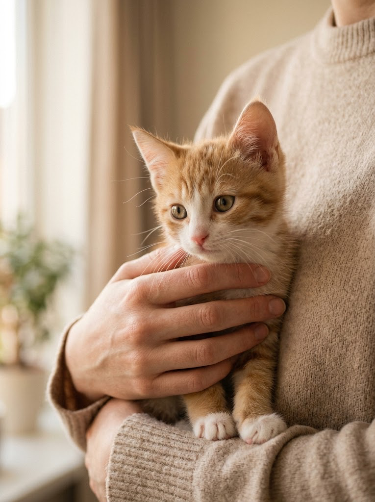 Un chaton roux et blanc tenu dans les bras d'une personne, dans un intérieur lumineux